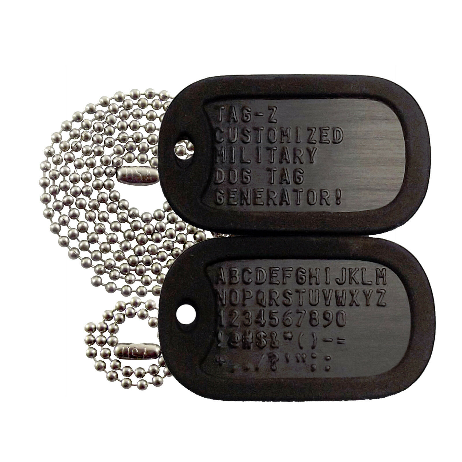 2 Military Dog Tags - Custom Embossed Black - Gi Identification W/ Silencers