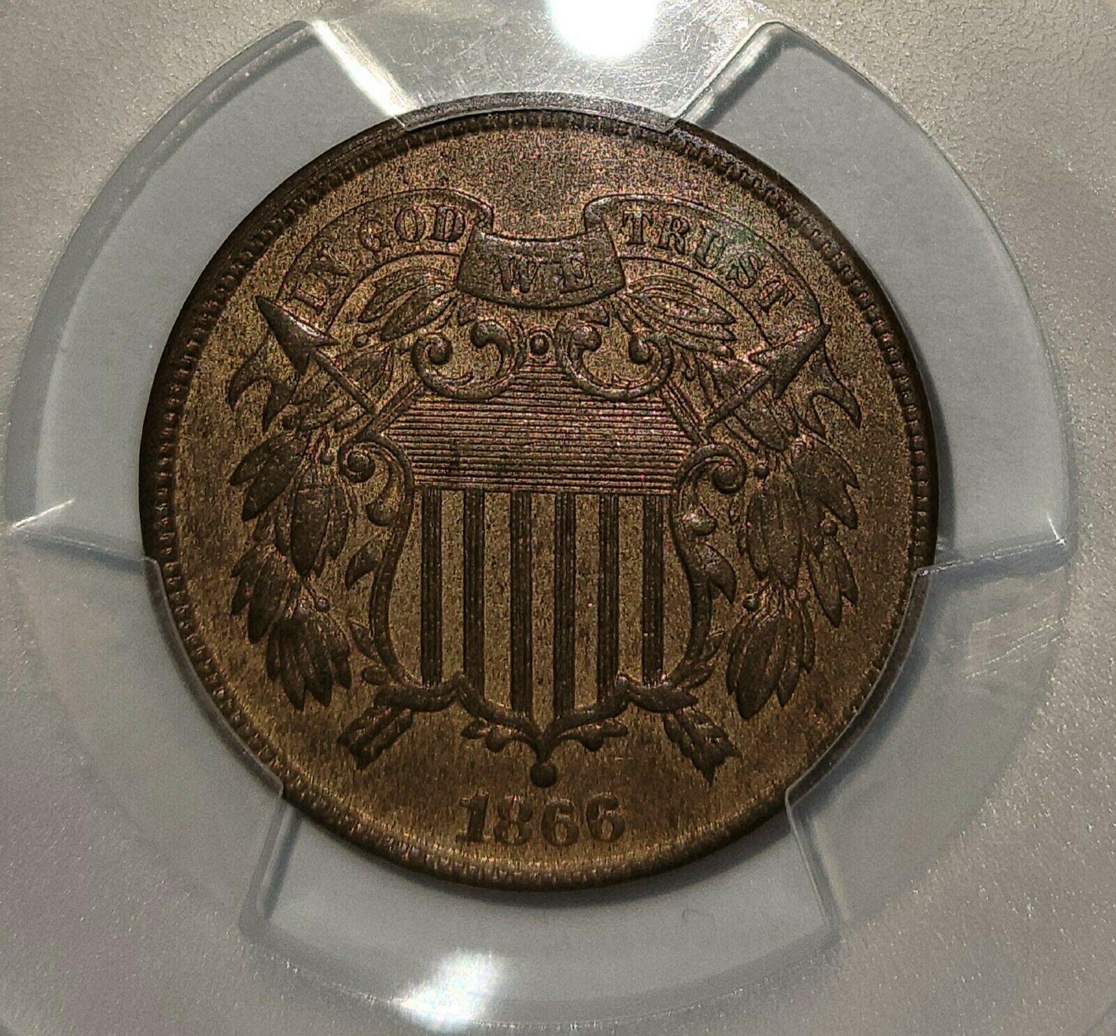 1866 2 Cent Coin Pcgs Au 58 Graded
