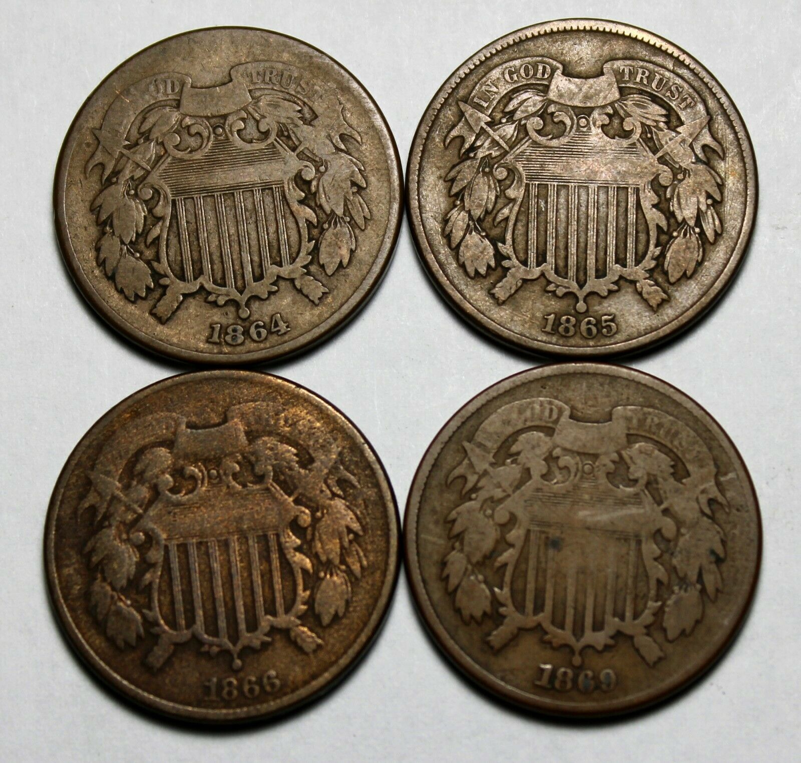 Lot Of 4 Pieces, 1864, 1865, 1866, & 1869 Two Cent Pieces !!